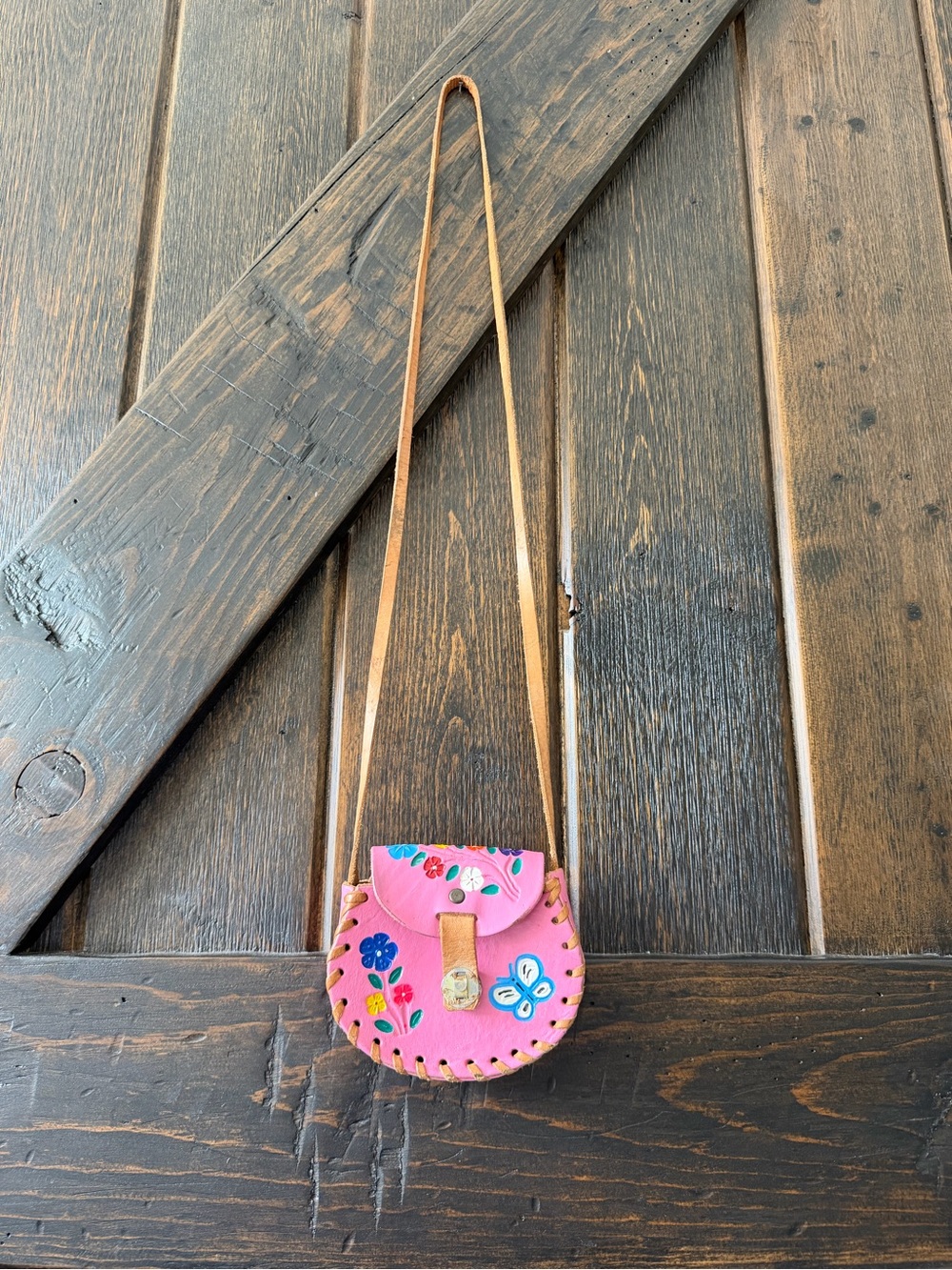 Vintage Hecho en Mexico Pink Leather Hand Painted Floral Butterfly Mini Purse